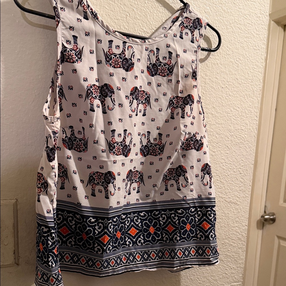 Sleeveless Elephant Print Top - White and Navy